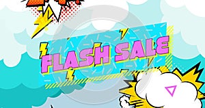 Animation of retro flash sale text on blue banner with text on speech bubbles