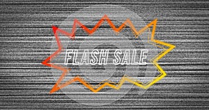 Animation of retro flash sale text in neon red to yellow speech bubble on distressed grey background