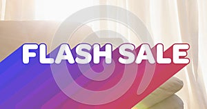 Animation of retro flash sale text with rainbow shadow over sofa in sunny room