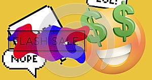 Animation of retro flash sale text with speech bubbles and emoji with dollar symbols on yellow