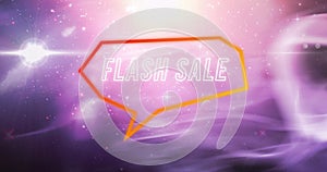 Animation of retro flash sale white text in neon orange to red frame over pink to purple background