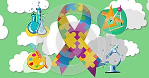Animation of ribbon formed with puzzles over education icons with clouds on green background