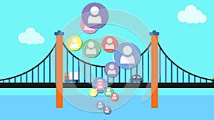 Animation of rising colourful people icons, over traffic crossing bridge