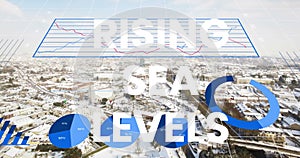 Animation of rising sea levels over financial graph and cityscape