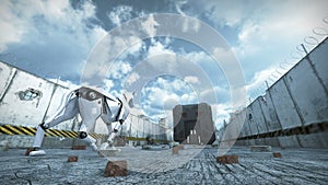 Animation of a robot dog walking in barbed wire city. 3D rendering