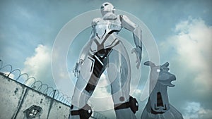 Animation of a robot woman and dog in apocalyptic city. 3D rendering