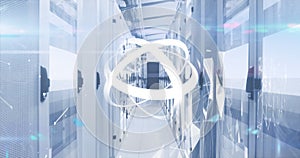 Animation of rotating abstract pattern with geometric shape and lens flare over server room