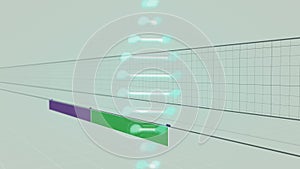 Animation of rotating dna chain over beige background with appearing violet and green line