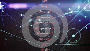 Animation of rotating dna helix and dots connected with lines and lens flares on abstract background