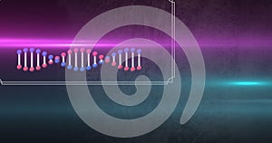Animation of rotating dna helix and red abstract pattern with glowing lens flares in background