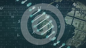 Animation of rotating dna strand and globe of dollars over data processing