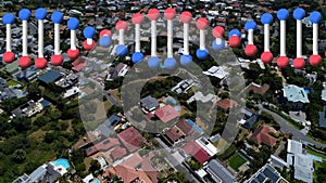 Animation of rotating dna strand moving over aerial view of modern cityscape