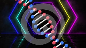 Animation of rotating dna strand over colourful neon hexagons moving on black background