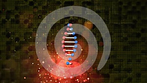 Animation of rotating dna strand with red bokeh lights and glowing particles over dark background