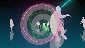 Animation of rotating neon shapes and lights over silhouettes of basketball players