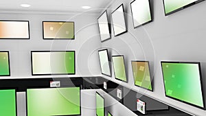 Animation of rows of television sets with glowing pattern on green screens in store