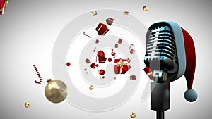 Animation of santa hat on vintage microphone with christmas presents falling on white background