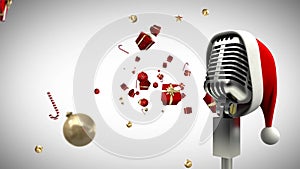 Animation of santa hat on vintage microphone with christmas presents falling on white background