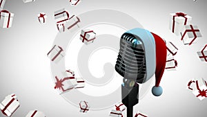 Animation of santa hat on vintage microphone with christmas presents falling on white background