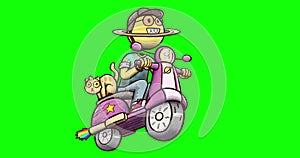 Animation of Saturn character driving scooter - isolated on green chroma key background