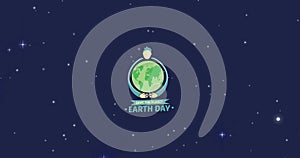 Animation of save the planet earth day text with person hugging earth and stars on blue sky