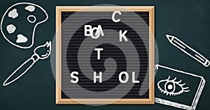Animation of school icons over back to school text on letterboard