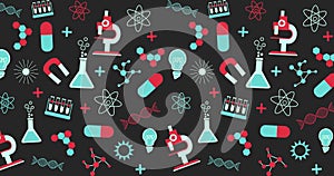 Animation of science items icons on black background