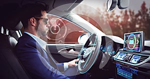 Animation of scope scanning over businessman wearing vr headset in self driving car