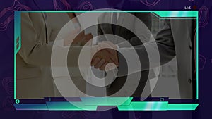 Animation of screen with digital interface over businessman handshake