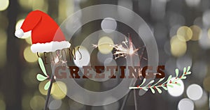 Animation of seasons greetings text over lit sparklers background