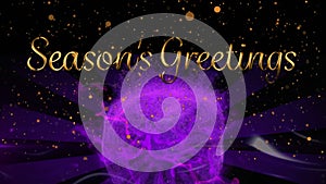 Animation of seasons greetings text over shapes