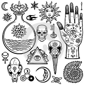 Animation set of alchemical symbols. Esoteric, mysticism, occultism.