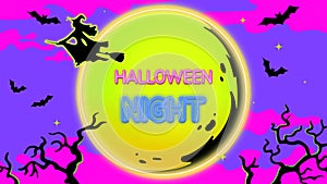 Animation silhouette Black witch with yellow moon and text HALLOWEEN NIGHT on green background.