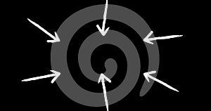 Animation of six white arrows pointing inwards on black background