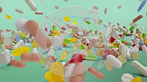 Animation slow motion falling pills. Multi-colored capsules and tablets: antibiotics, vitamins, dietary supplements