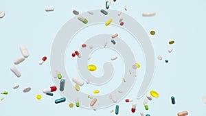 Animation slow motion flying, falling pills. Colored tablets, capsules. Health care concept. Antibiotics inside pills