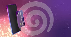 Animation of smartphone and credit card with data over purple background
