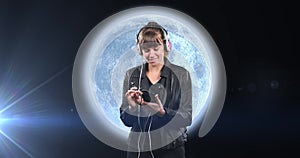 Animation of smiling woman planet earth with glowing spots of light and clouds on grey background