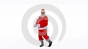 Animation of snow falling and dancing santa claus over white background