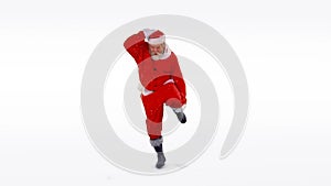 Animation of snow falling and dancing santa claus over white background