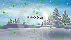 Animation of snow falling, mistletoe, sledge and raindeer over winter landscape