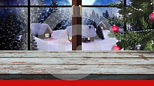 Animation of snow falling over christmas tree decorations in winter scenry