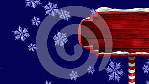Animation of snow falling over christmas wooden sign board with copy space