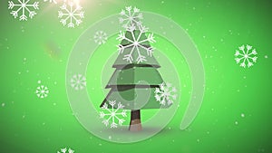 Animation of snow falling over chritmas tree on green background