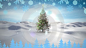 Animation of snow falling over chritmas tree on winter landscape