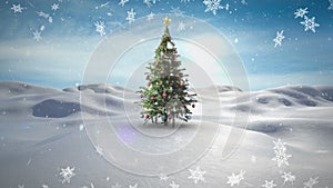 Animation of snow falling over chritmas tree on winter landscape