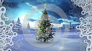 Animation of snow falling over chritmas tree on winter landscape