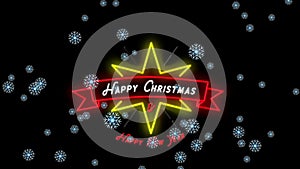 Animation of snow falling over neon star with christmas greetings decoration on black background