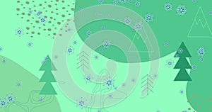 Animation of snowflakes falling over christmas tree icons and abstract shapes on green background