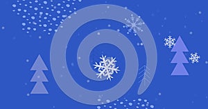 Animation of snowflakes over multiple christmas tree icons and abstract shapes on blue background